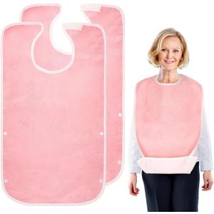 2 Pack Unisex Adult Bibs for Women, Men, Elderly, Seniors, Waterproof Bibs for Eating, Washable Clothing Protectors (Pink)
