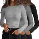 Ficerd 3 Pack Women's Ribbed Long Sleeve Tops | Crew Neck, Slim Fit Undershirts, Knit Basic, Summer Casual, Stretch Layering Tee Shirts, Medium