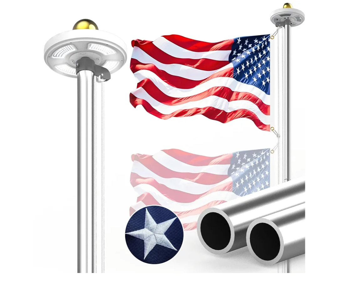 100MPH 12 Gauge Flagpole Kit with Solar Light and Flag 2mm Thick, Heavy Duty Flag Pole Holder with Light Solar Powered, Flagpole Kit 20FT Silver with Pulley and Rope, for Outside House