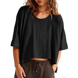 Tankaneo Womens Oversized T-Shirts Cropped Summer Casual Short Sleeve Loose Fit Tee Tops (Large, Black)
