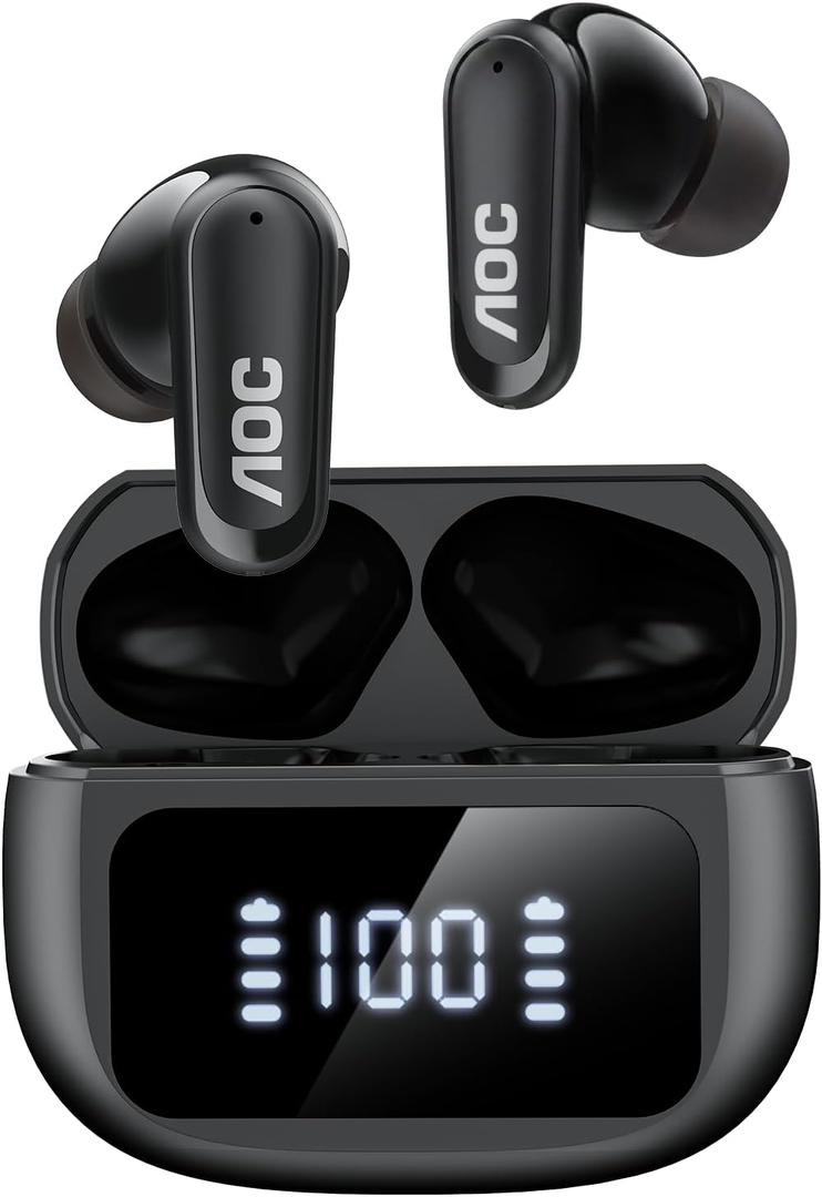 AOC Noise Cancelling Wireless Earbuds, 39dB ANC, 45H, LED Display, Black | in Ear Bluetooth 5.4 Headphones with 6 ENC Mic, Transparency Mode, Deep Bass Sound, 36 EQs via App, Fit for Sports, Commuting