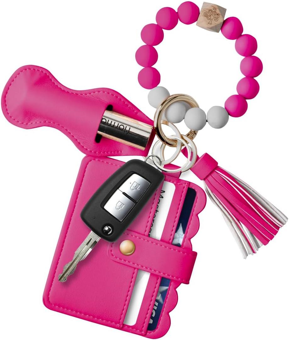 Women Wristlet Bracelet Keychain Wallet,Silicone Beaded Bangle Keyring Tassel