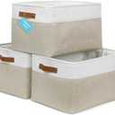 OrganiHaus Extra Large Fabric Storage Bins for Shelves 16x13in, Closet Storage Baskets for Shelf Organizing, Canvas Rectangle Bins for Organization, Linnen Baskets for Organizing - Beige/Off-White (Extra Large - 3pc)