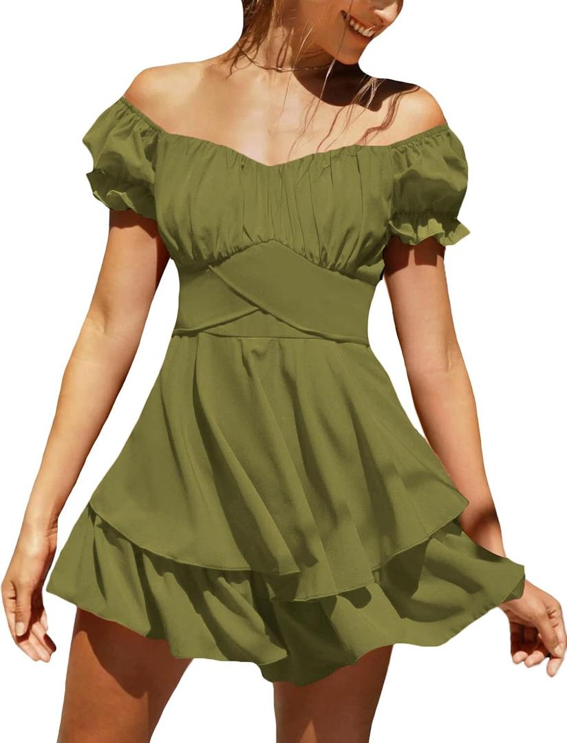 LYANER Women's Tie Back Off Shoulder Wrap Layer Ruffle A Line Short Sleeve Casual Mini Dress, XS
