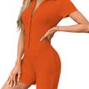 LilyCoco Rompers for Women Button Up Bodycon Short Sleeve Collared Sexy One Piece (Orange, L)