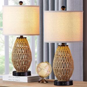 Touch Control Rattan Table Lamps, 3 Way Dimmable Bedside Lamps for Bedroom Set of 2 with 2 USB Ports and AC Outlet, Wicker Nightstand Lamps for Living Room (LED Bulbs Included)