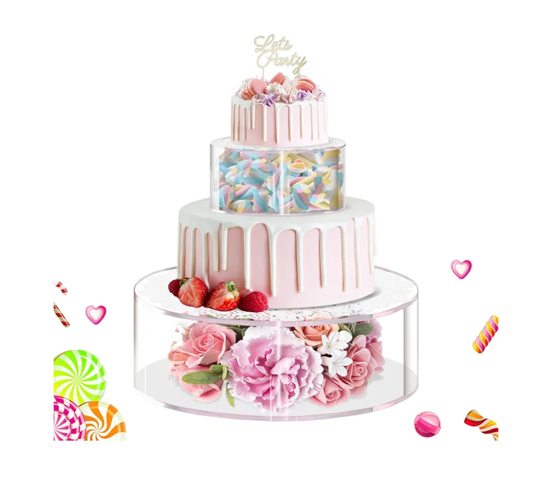 ULENDIS 2PCS Clear Acrylic Cake Stands for Dessert Table, Round Fillable Cake Box Riser with Lace Paper Doilies, Decorative Centerpiece for Wedding Birthday Party Display(8Inch, 12Inch)
