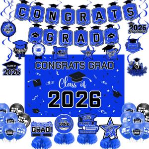 Graduation Decorations 2026 Blue Themed Set - Congrats Grad Banner, Class of 2026 Backdrop, Balloons & Streamers Kit - Complete Party Supplies for High School & College Celebrations