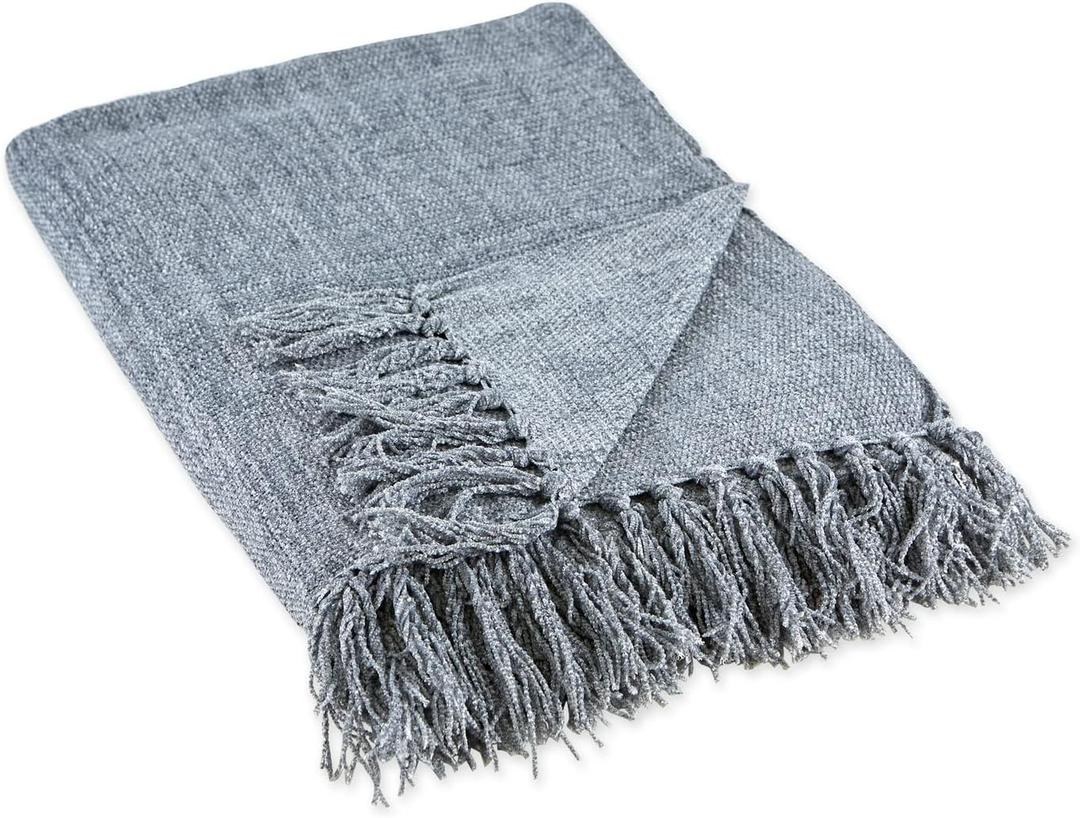DII Chenille Throw Collection Solid Fringed, 50x60, Soft Denim Gray