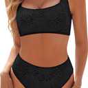 Blooming Jelly Womens High Waisted Bikini Set Tie Strap Jacquard Terry Cloth 2 Piece Swimsuit Modest Cute Retro Bathing Suit (Large, Black)