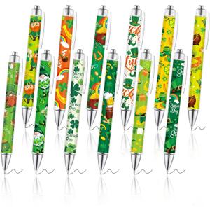 2 x MALOKI 12 Pcs Pretty Fancy Cute Funny Pens for Women St Patricks Day Decorations Accessories Gifts Shamrock Decor Retractable Green Floral Aesthetic Pens for Irish Party Supplies Favors
