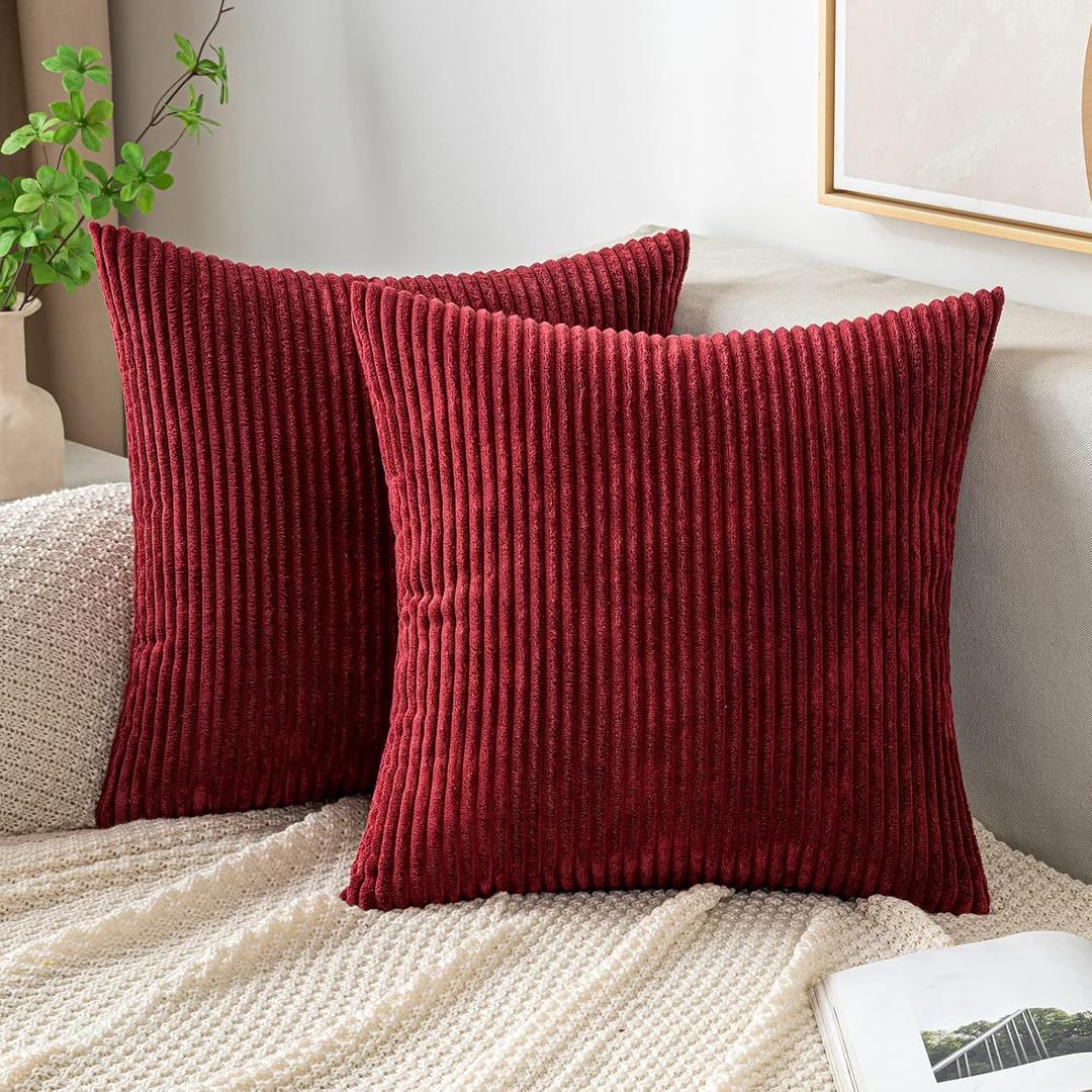 EMEMA Throw Pillow Covers Corduroy Decorative Soft Striped Square Cushion Covers Spring Pillowcases for Couch Sofa Bedroom Chair Car 18x18 Inch Pack of 2, Burgundy