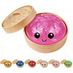 Dumpling Squishies, Glitter Dumpling Mystery Box, Colorful Dumplings Stress Balls Toy, Stocking Stuffers with Food Steamer Stretchy Desk Toys (Glitter Pink)