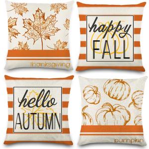 YUJUN 4 Pack Fall Pillow Covers Decoration,18x18in Buffalo Plaid Farmhouse Pumpkin Maple Leaves Thanksgiving Fall Throw Pillows Cushion Case Couch Decor for Autumn Home Outdoor Decorations (White)