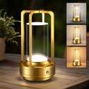 Rechargeable Table Lamp for Outdoor Indoor: Cordless Portable Table Lamps with 3 Color Stepless Dimmable - LED Metal Battery Operated Lantern - Small Table Lamp for Bedroom/Bar/Coffee Shop/Camping (Gold)