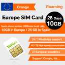 Orange SIM Card Europe with Spanish Phone Number, 28 Days 10 GB in Europe, 25 GB in Spain 5000mins Local Calls, 4G DataEasy Activation& 24/7 Whatsapp Support, for Unlocked Phones