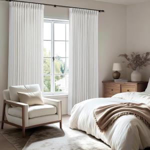 60 Inch Extra Wide Pinch Pleated Curtains 105 Inch Length for Living Room Large Window Drapes Light Filtering Privacy for Bedroom Back Tab with Hooks Clip Rings Beige White 60W x 105L