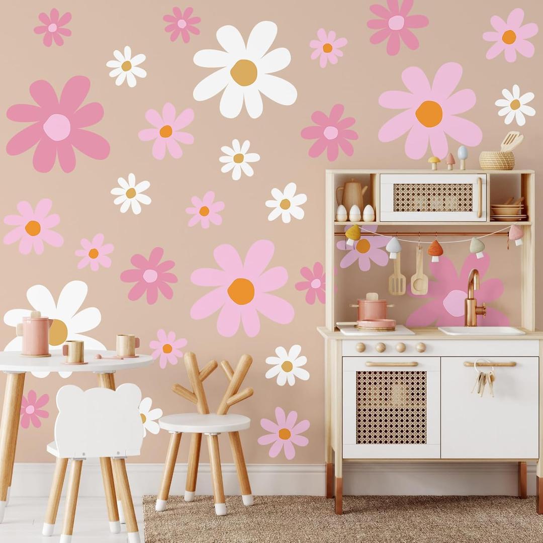 TaoBary 12 Sheets Daisy Wall Decal Flower Wall Sticker Cute Daisy Sticker Pink White Flower Decal Peel and Stick Floral Wallpaper for Nursery Bedroom Home Decor(Pink Color,Vibrant Style)