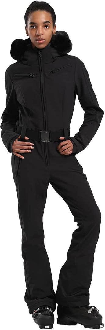 GSOU SNOW Women's Ski Suit One Piece Snowsuit Snowboard Slim Insulated Jumpsuit Jacket Waterproof Windproof for Outdoor Sports (Medium, Black)