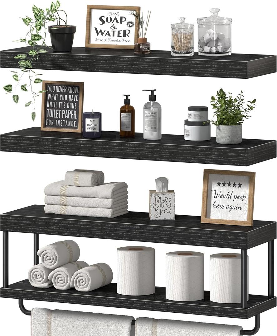 QEEIG Long Bathroom Floating Shelves Over Toilet (Black, Set of 3, 23.6")
24 inch Wall Mounted Shelf with Paper Storage, Towels Bar for Farmhouse Decor, Rustic Vanity Area Organizer (027-60B3)