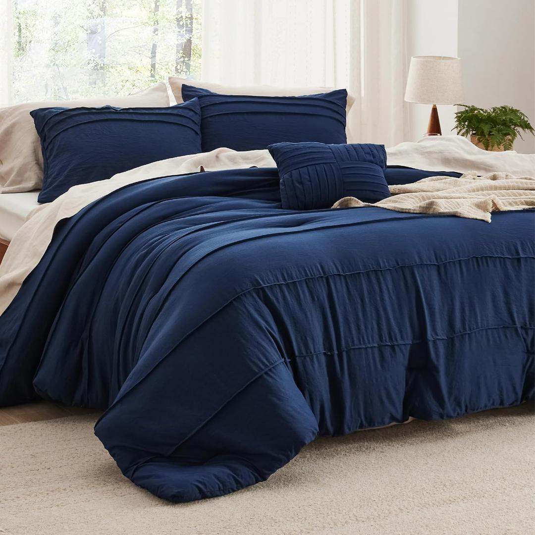 Bedsure King Comforter Set - 4 Pieces Pinch Pleat Bed Set, Navy Blue Boho Bedding for All Season, 1 Soft Comforter, 2 Pillowcases, 1 Decorative Pillow (King, 01 - Navy)
