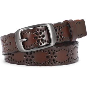 JASGOOD Women Hollow Flower Leather Belt for Jeans Pants Soft Leather Belt with Solid Pin Buckle (Fit Waist Size 29-32 Inches)