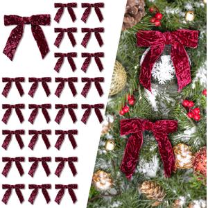 LaRibbons 24 Pcs Burgundy Crinkled Velvet Bows for Christmas Tree, Door, Garland, Wreath, 1" Wide, 3.9"x3.9", Vintage Style