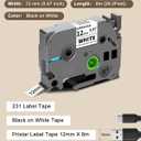 6-Pack TZe-231 TZ Tape 12mm 0.47" Laminated White P Touch Label Compatible for Brother P Touch Label Maker Tape for PTouch Label Maker PTD210 H110 D220 D600 D400 D410 2040, Black on White