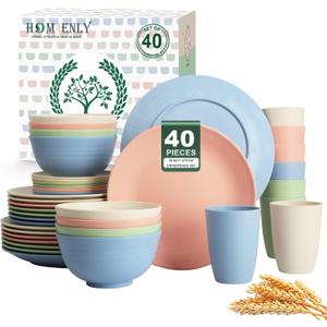 Homienly 40-Piece Dinnerwave Sets, Service for 8, Wheat Straw Dinnerware Set - Plates and Bowls Set with Cups, Lightweight Microwave and Dishwasher Safe Dish Set for Dinner, Outdoor - Multi Light