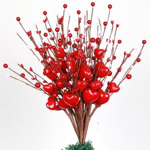 Valentines Day Tree Topper Decorations,6 Pcs Valentine Floral Picks Artificial Flowers with Red Heart and Pink Berry for Galentines Day Tree Ornaments Wedding Holiday Party Home Decor