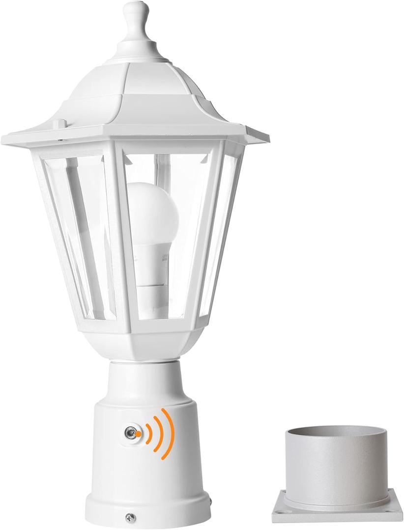 FUDESY Dusk to Dawn Outdoor Post Light, White Modern Exterior Post Lantern with Pier Mount Base, Plastic Waterproof Lamp Light Fixture for Garden Yard Patio Pathway, LED Bulb Included