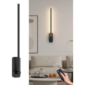 Aipsun Battery Operated Wall Sconces,Wireless Wall Light with Remote Control Rechargeable Black Battery Wall Sconce 350Rotate,Dimmable LED Wall Lights for Living Room,Bedroom (3000K), 25.6 inch