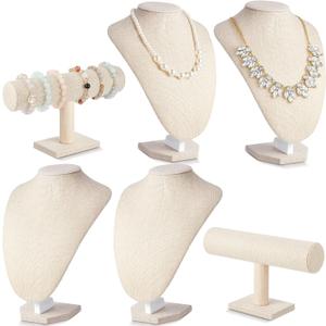 6 Pcs Jewelry Display Set Necklace Display Stand T Bar Bracelet Holder Jewelry Bust for Home Store Trade Show(Linen)