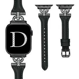 OULUCCI Slim Leather Bands Compatible with Apple Watch Band For women 40mm 41mm 38mm 44mm 45mm 49mm 42mm 46mm, D-Shape Diamonds For iWatch Women Bands Series 10 9 8 SE 7 6 5 Ultra 4 3 2 1 (Black/Black)