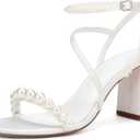 Women's Pearl Embellished Ankle Strap Sandals, Block Heel, White Satin, Wedding Party Shoes,3.3 Inches 8.5, Ivory White