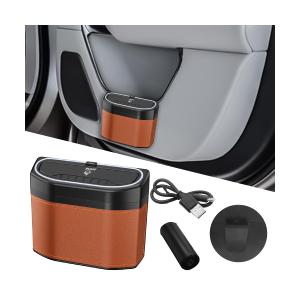 Car Trash Can with Lid, Leakproof Mini Vehicle Garbage Container Bin with LED Light, Auto Interior Front Back Seat Storage Organizer Dustbin, Universal for SUV, Sedan, Truck(Orange)