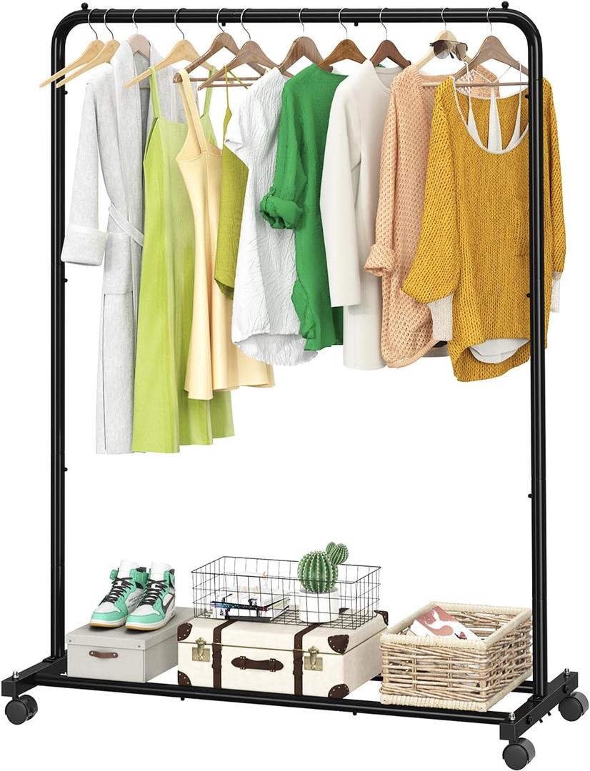 Simple Trending Standard Clothes Clothing Garment Rack with Storage Shelves, Rolling Clothes Organizer on Wheels for Hanging Clothes, Black (14.75"D x 43.5"W x 54.25"H)