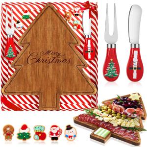 1 Set Mini Christmas Tree Cheese Board Set with Knives, Holiday Xmas Tree Cutting Board Wood Small Charcuterie Serving Tray Gift for Xmas Party Kitchen Decoration (Acacia Color)