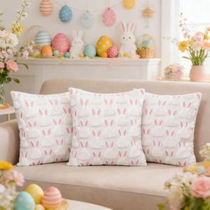 3 Pack Easter Pillow Covers 18x18 Inch White Bunny Pillow Case for Easter Day Decorations Soft Plush Spring Throw Pillow Covers for Couch Bed Living Room Holiday Decor