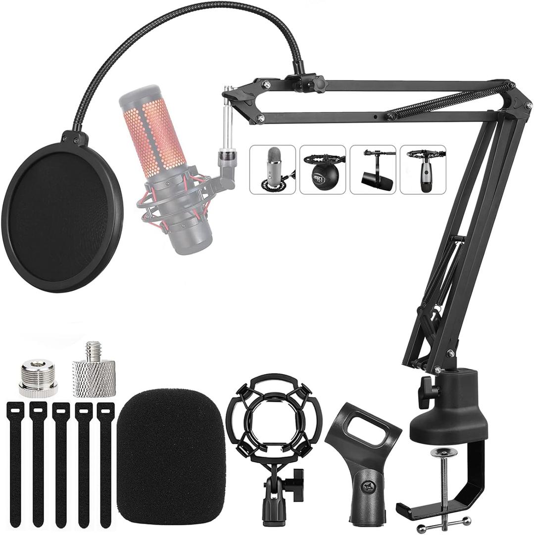 Boom Arm Suspension Mic Heavy Duty Microphone Arm for Blue Yeti, Hyperx Quadcast, Adjustable Boom Mic Stand Desk with Pop Filter, 1/4-3/8-5/8 Adapter, Mic Mounts,Broadcast