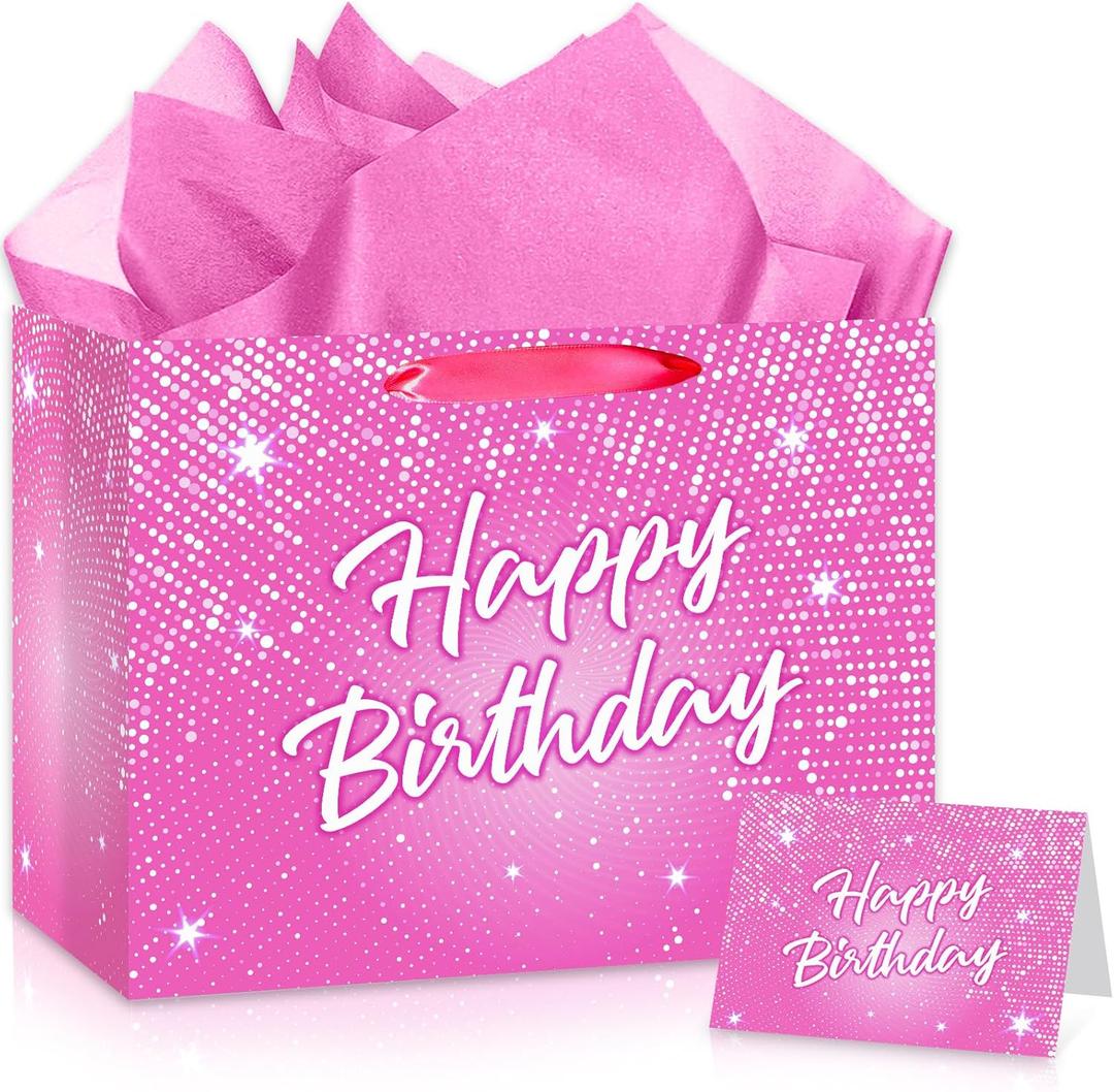 Shiny Pink Birthday Gift Bag for Lady Girls Large Hot Pink Happy Birthday Gift Bag with Tissue Paper and Card Disco Shining Stars Goodie Wrapping Bag for Women Bday Anniversary Party Supplies