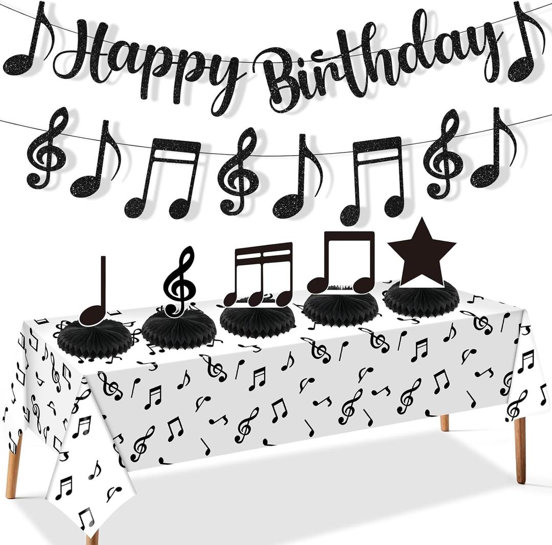 Music Party Decorations Black Musical Note Happy Birthday Bunting Banner Notes Tablecloth and 5Pcs Table Honeycomb Centerpieces Decor for Girls Kids Adults Music Themed Birthday Wedding Party Supplies