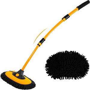 WillingHeart 15 Curved Car Wash Brush with Long Handle 43" Extension Pole RV Truck Microfiber Cleaning Mop Auto SUV Wheel Boat Exterior Interior Detailing 2 in 1 Carwash Duster Not Hurt Paint, Yellow
