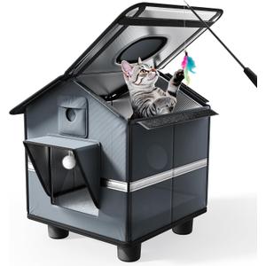 Outdoor Cat House with Raised Base & Toy Included, Weatherproof Feral Cat Shelter with Folding Roof, Insulated Warm Hideaway for All Seasons, for Cats Up to 12 lbs