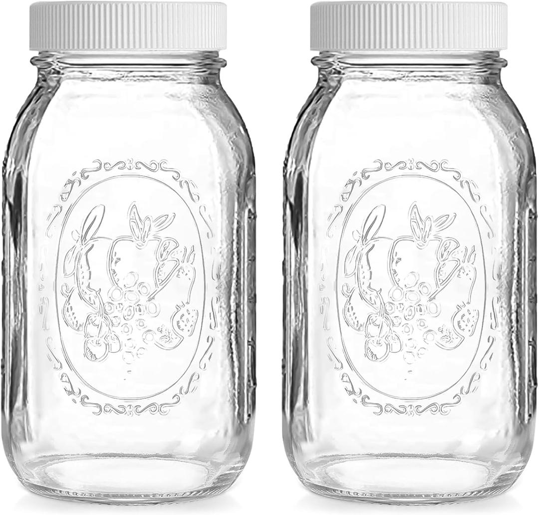 Regular Mouth Mason Jars 32 oz - (2 Pack) - Ball Regular Mouth 32-Ounces Quart Mason Jars with White M.E.M Food Storage Plastic Lids, Caps Fit Ball and Kerr Regular Mouth - For Storage, Freezing, Leak
