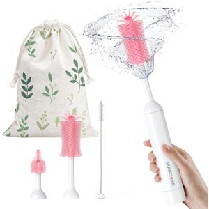 SEANCHEER S02 Electric Bottle Brush Set, Portable Baby Bottle Brush Cleaner, AA Battery-Powered & IPX7 Waterproof, with Silicone Bottle/ Nipple/ Straw Brush, for Home & Travel (Pink)