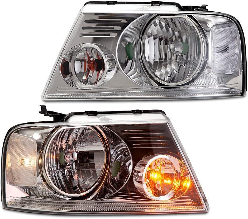 GRAND ORANGE Headlight Assembly Compatible with Ford F150 2004 2005 2006 2007 2008/ Fit Lincoln Mark LT 2006-2008 Driver & Passenger Side Headlamp Clear lens Chrome Houing Clear Reflector (2004-2008 Ford F150, Clear/Chrome/Clear)