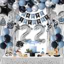 22nd Birthday Decorations, Dusty Blue 22 Birthday Decorations for Boys Girls, Blue Sliver Black Birthday Party Decor with Happy Birthday Banner, Number Balloons, Foil Balloons, Swirl