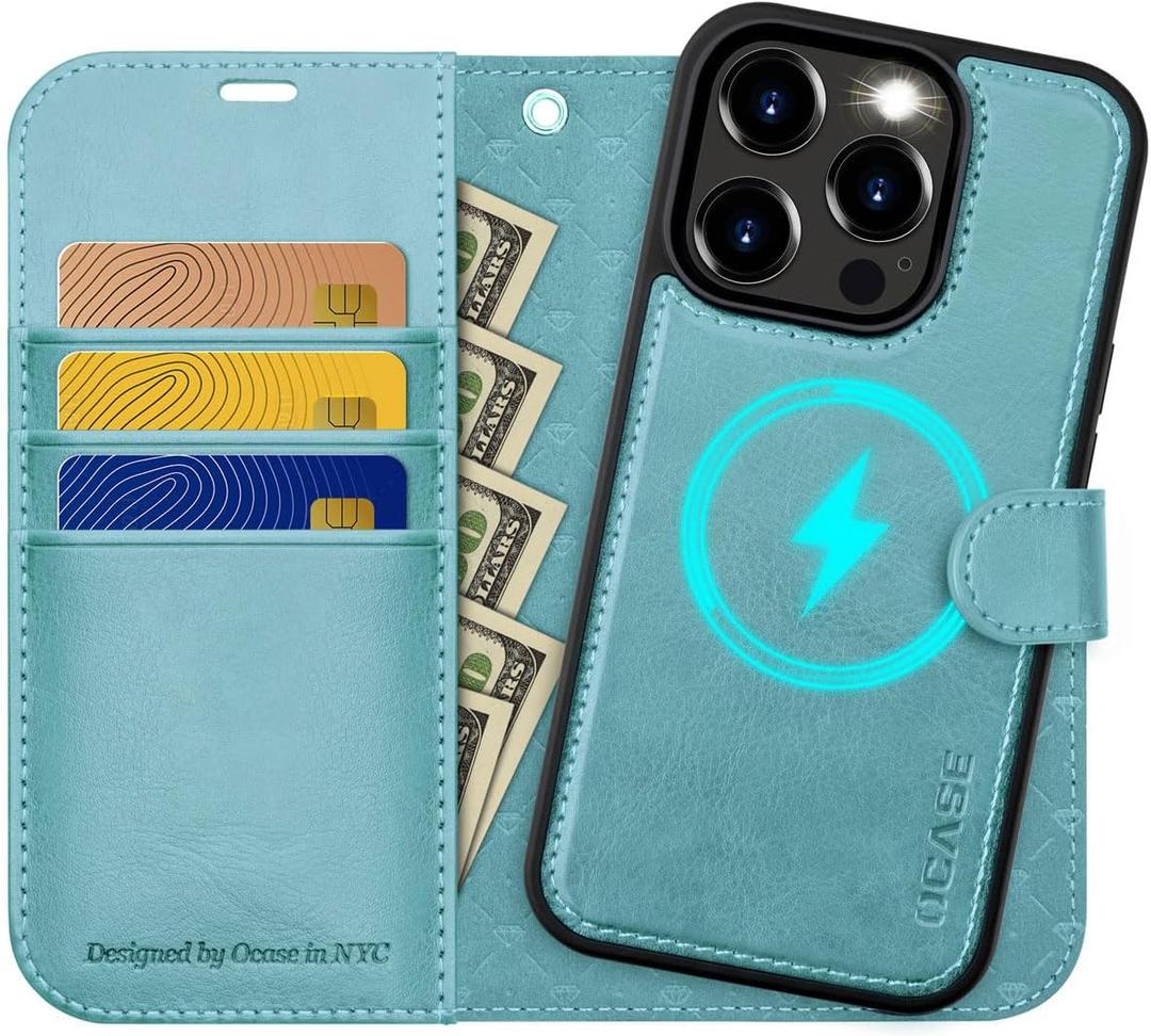 OCASE for iPhone 15 Pro Detachable Wallet Case with Card Holder, [2 in 1] PU Leather Flip Folio Case with RFID Blocking Magnetic Stand Removable Shockproof Phone Cover 6.1 Inch, Mint Green
