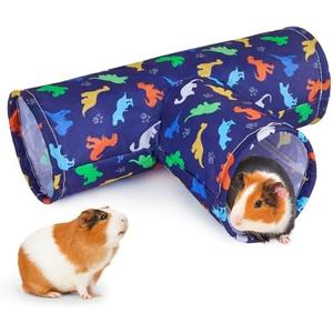 Bienbee Guinea Pig Tunnel, 3 Way Washable Guinea Pig Hideout,Foldable Rabbit Tunnel Guinea Pigs Toys for Bunny Hamster Chinchilla Ferret Rabbit Guinea Pigs Accessories Blue Dinosaurs